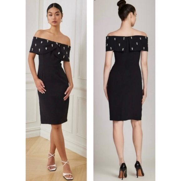Rickie Freeman For Teri Jon Off-Shoulder Jewel-Embellished Crepe Midi Dress NEW - Picture 5 of 15